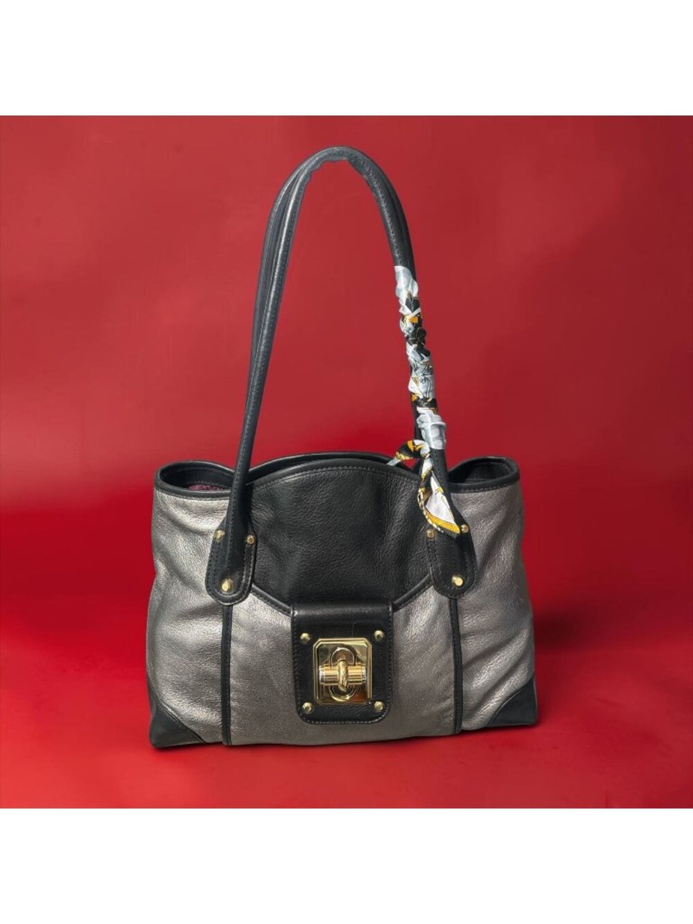 B Makowsky Nolita Turnlock Satchel Silver Black Colorblock Leather Shoulder Bag - Picture 2 of 8